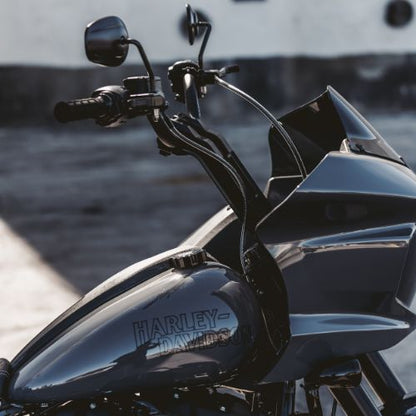 Harley-Davidson motorcycle with custom 10.5-inch pull-back risers, Lawless Garage Quebec performance part