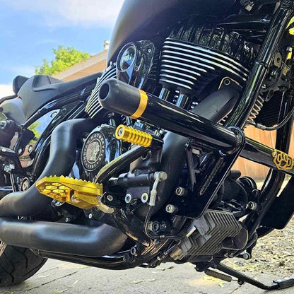 Custom Indian motorcycle engine with performance upgrades, black and gold handcrafted parts, Lawless Garage Quebec Canada