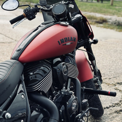Close-up of Indian Chief motorcycle at Lawless Garage, custom motorcycle shop Quebec, performance upgrades, handcrafted American bike parts