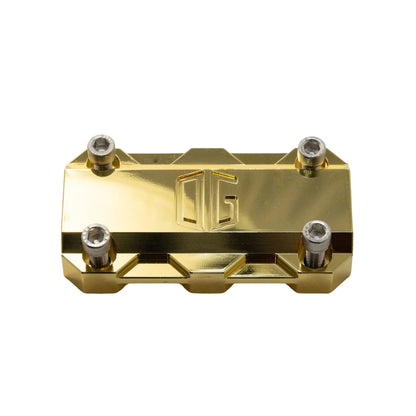 Gold-plated Harley-Davidson OG risers top clamp, custom motorcycle part, Quebec shop upgrade