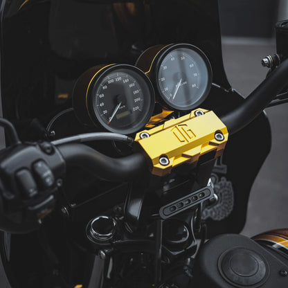 Gold OG riser top clamp on Harley-Davidson handlebars, custom motorcycle part Quebec Canada
