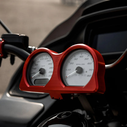 Harley-Davidson custom red billet gauge bezel, handcrafted motorcycle part, Lawless Garage Quebec