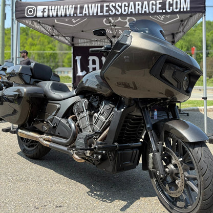 Custom Indian motorcycle with performance upgrades at Lawless Garage, Quebec Canada, Harley-Davidson parts