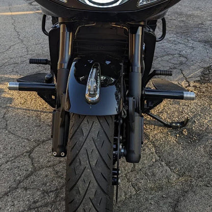 Front view custom Harley-Davidson fork, tire, handcrafted motorcycle parts, Quebec Canada