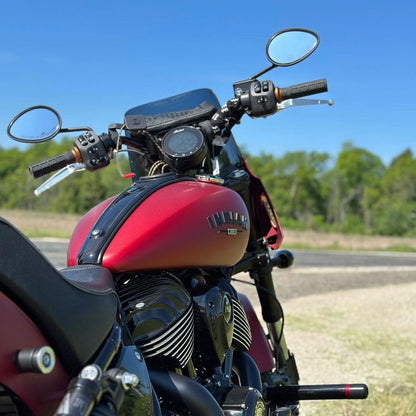 Custom Indian Motorcycle with matte red tank, high-performance parts, at Lawless Garage Quebec
