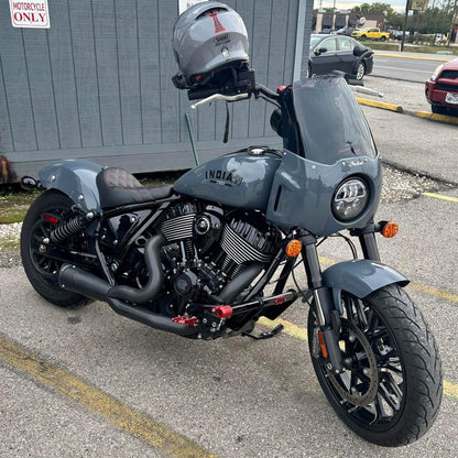 Custom Indian Chief motorcycle with performance upgrades parked outside, Quebec Canada, Lawless Garage