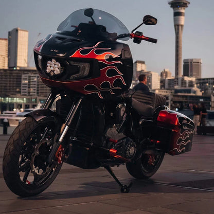 Custom Harley-Davidson with flame graphics, performance upgrades, handcrafted parts, Quebec