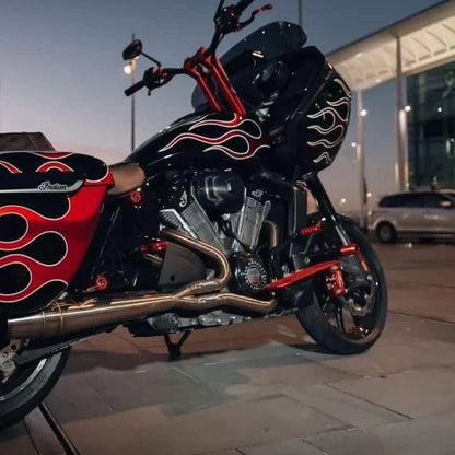 Custom Indian Motorcycle with flame paint, handcrafted parts, Lawless Garage Quebec, performance upgrades