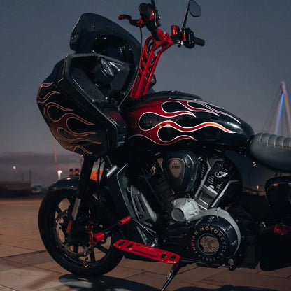 Custom Indian Motorcycle with flame paint, Harley-Davidson parts, Lawless Garage Quebec Canada