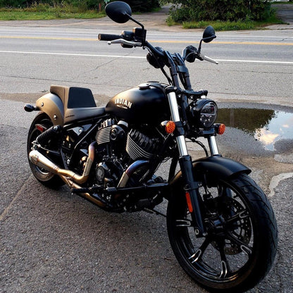Custom Indian motorcycle with performance upgrades parked outdoors, Lawless Garage Quebec Canada