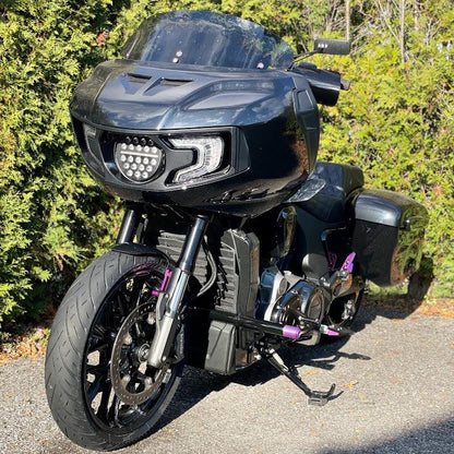 Custom black Harley-Davidson motorcycle with performance upgrades at Lawless Garage Quebec Canada