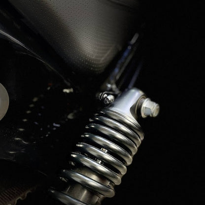 Close-up of Harley-Davidson motorcycle shock absorber, custom part, Lawless Garage Quebec Canada